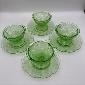 8 Piece Lot ~ Jeannette "CHERRY BLOSSOM" Uranium Glass ~ Sherbet Bowls w/Saucers